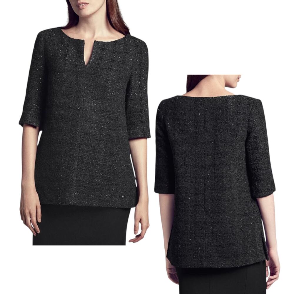 MM Lafleur Women’s 'Mitford' Tweed Top, Metallic Short Sleeve, Onyx Black Large